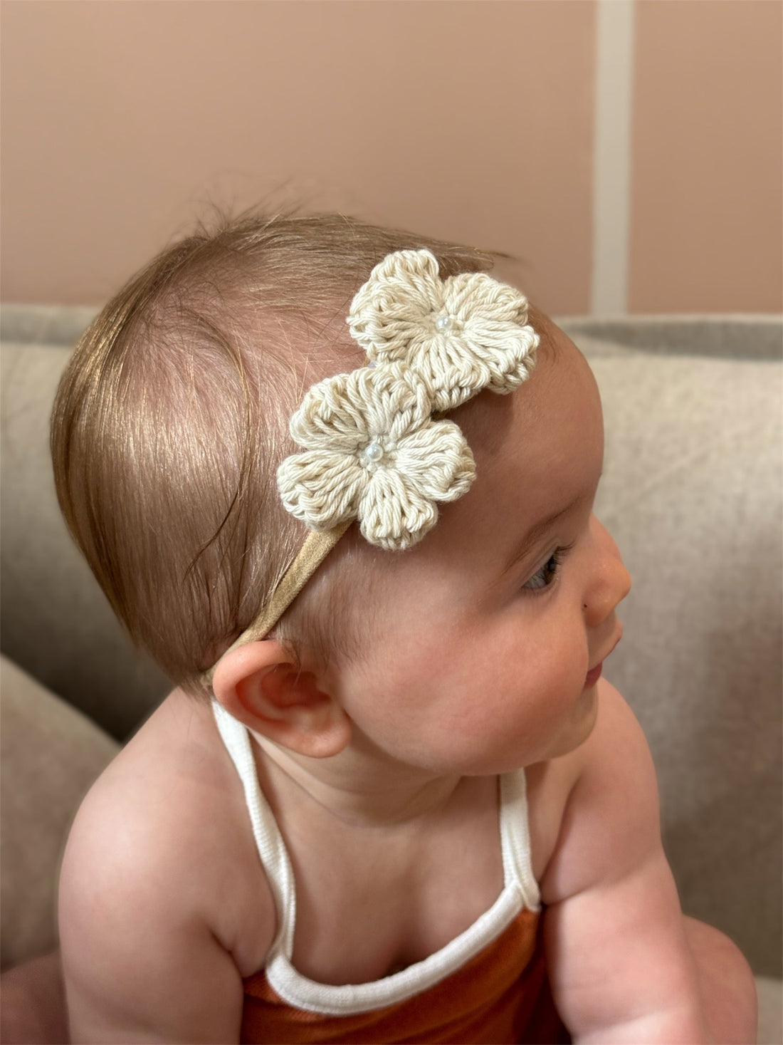 Isla Headband - Hand Crocheted Flowers with Pearl bead at the centre