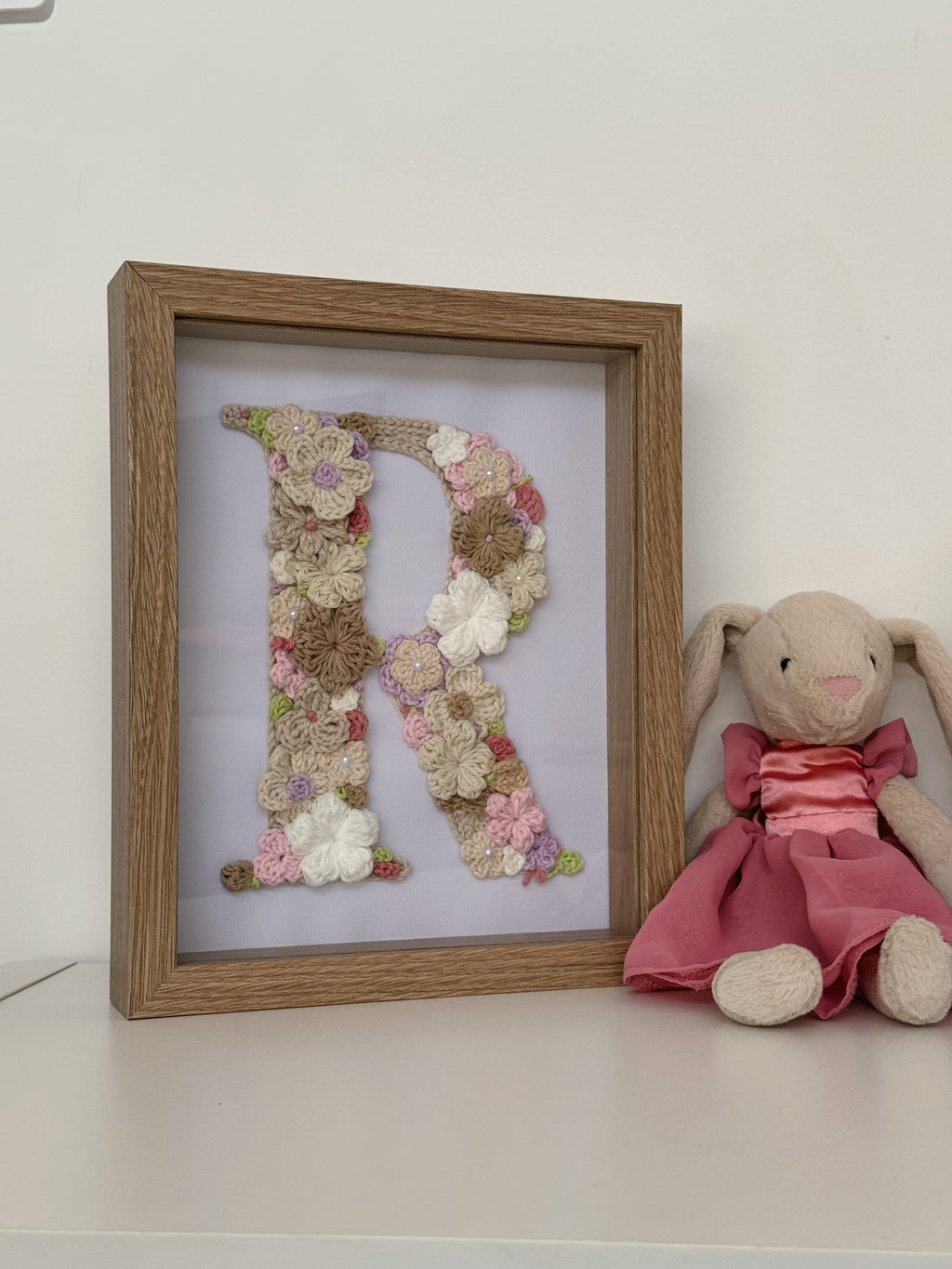 Hand-Crocheted Initial Flower Artwork – Custom A4 Wall Art Keepsake