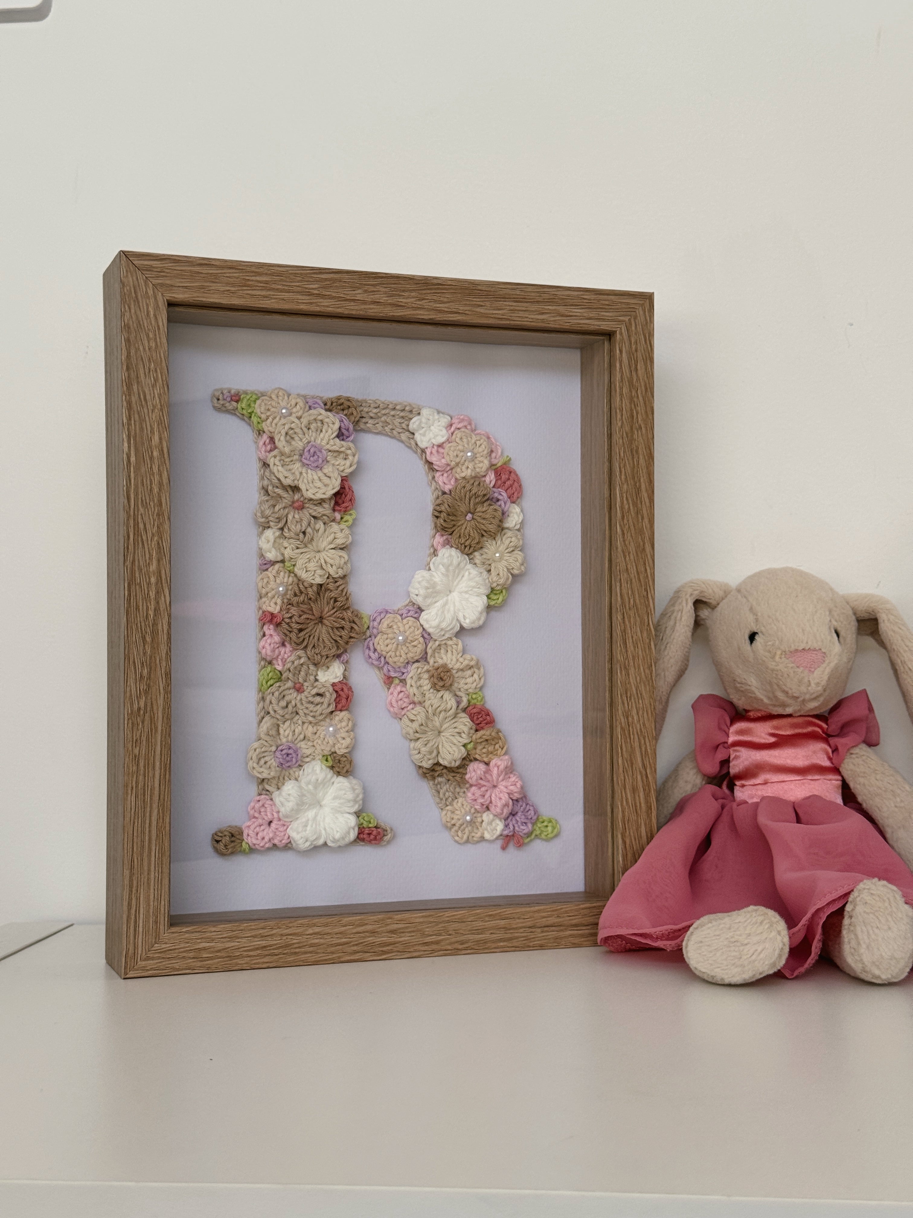 Hand-Crocheted Initial Flower Artwork – Custom A4 Wall Art Keepsake