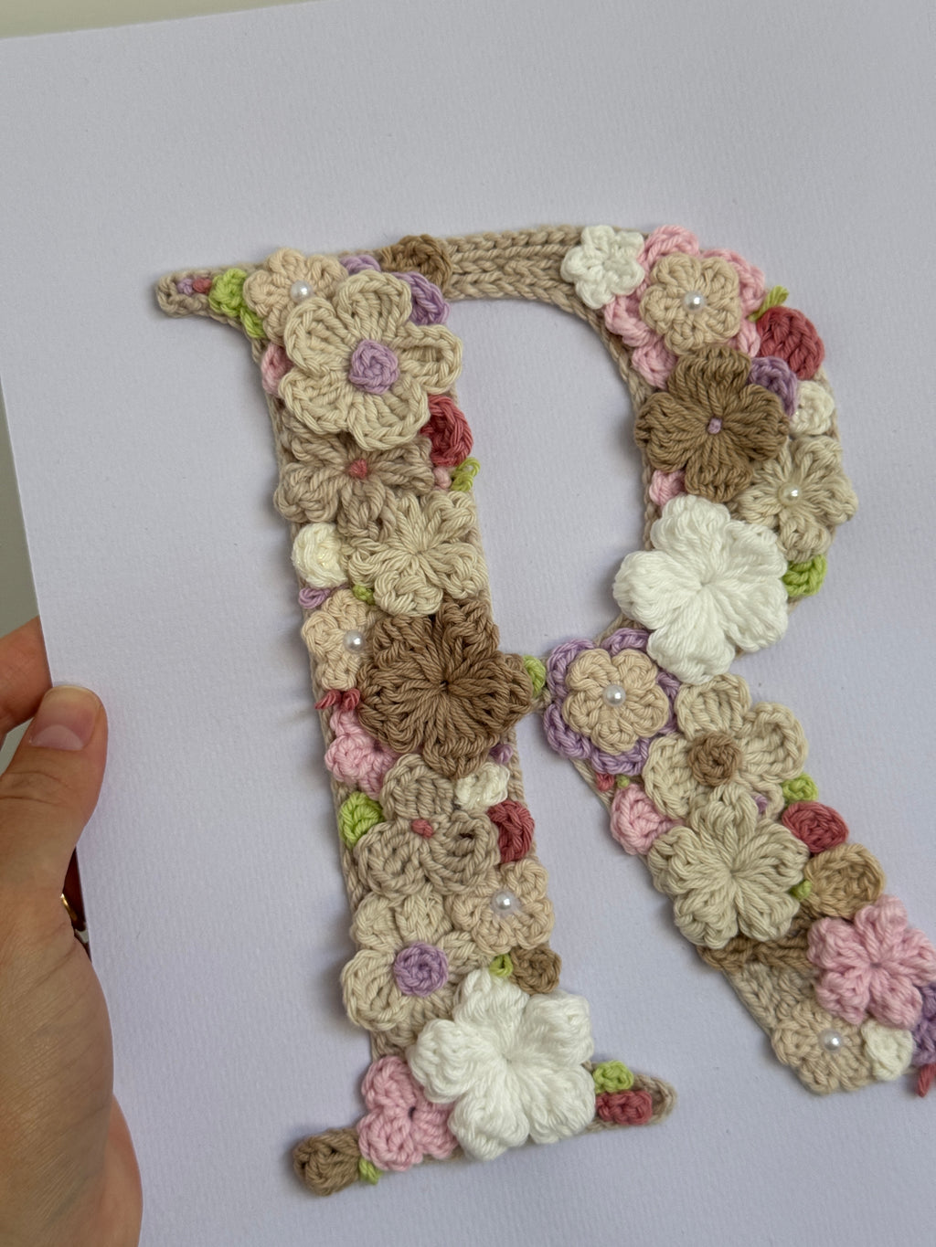Hand-Crocheted Initial Flower Artwork – Custom A4 Wall Art Keepsake