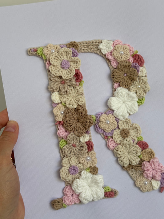 Hand-Crocheted Initial Flower Artwork – Custom A5 Keepsake
