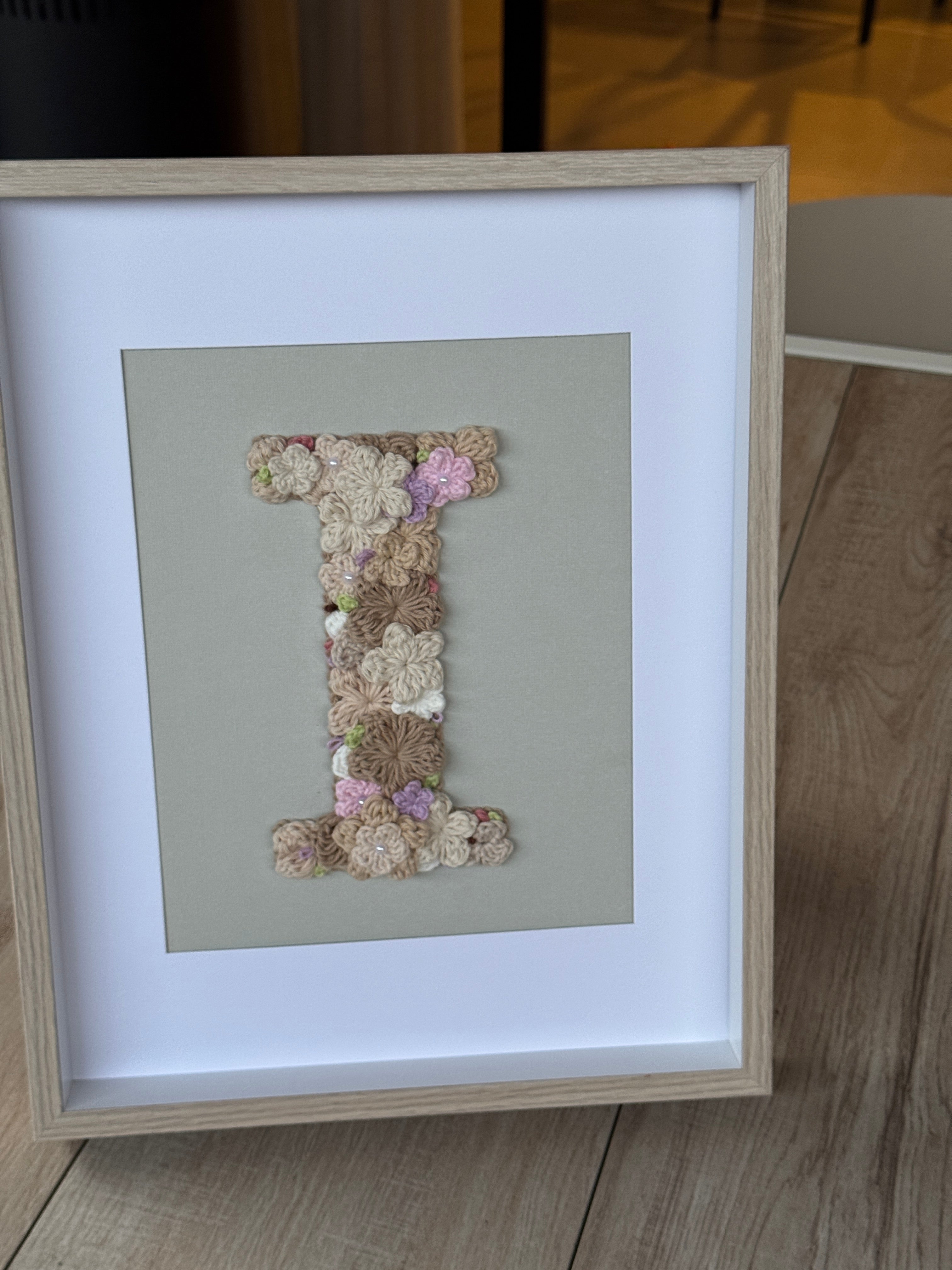 Hand-Crocheted Initial Flower Artwork – Custom A4 Wall Art Keepsake