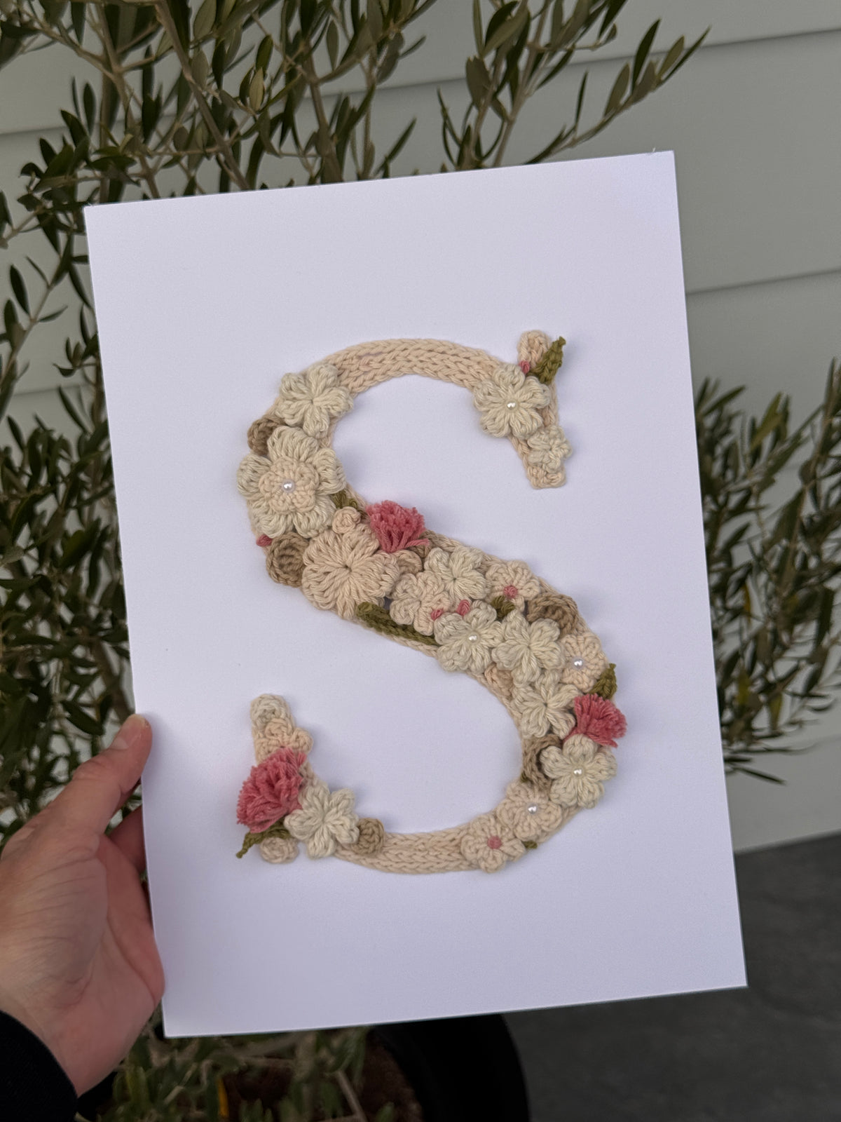Hand-Crocheted Initial Flower Artwork – Custom A4 Wall Art Keepsake