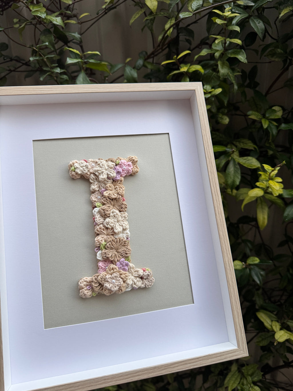 Hand-Crocheted Initial Flower Artwork – Custom A4 Wall Art Keepsake